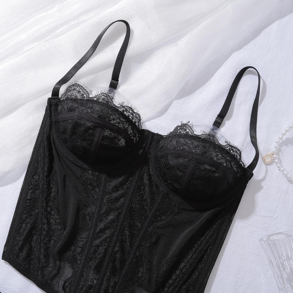 Conjunto de Sujetador de Encaje Francés Sexy Malla Ultradelgado Lencería para Mujer Conjunto de Tops de Verano con Tirantes Ropa Interior Moldeadora Negra Sujetadores con Conjuntos de Tanga