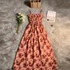 French rose print lace-up dress women's summer new design waist fashion suspender dress