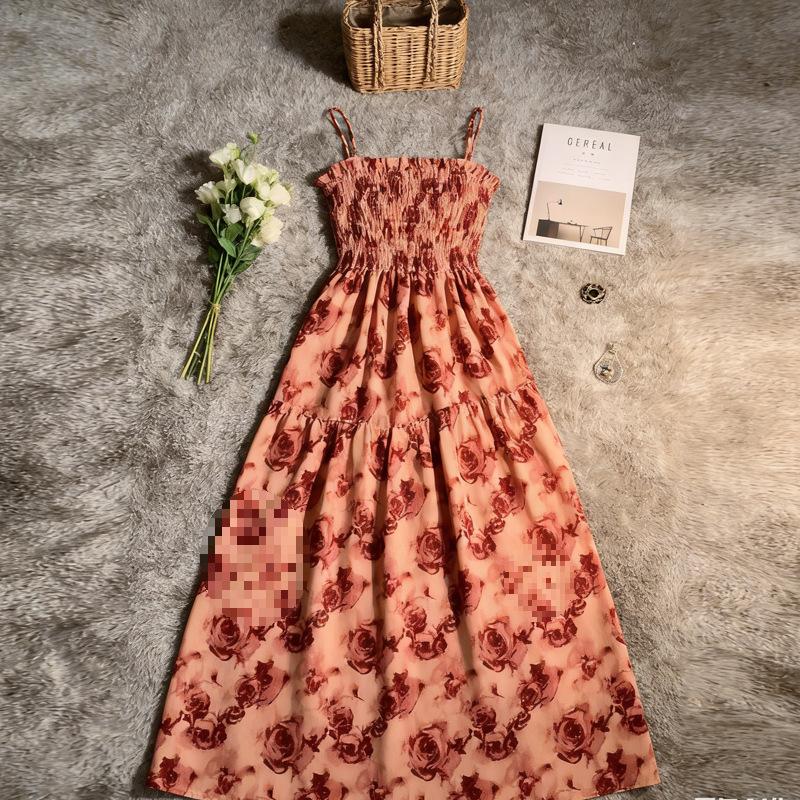 French rose print lace-up dress women's summer new design waist fashion suspender dress