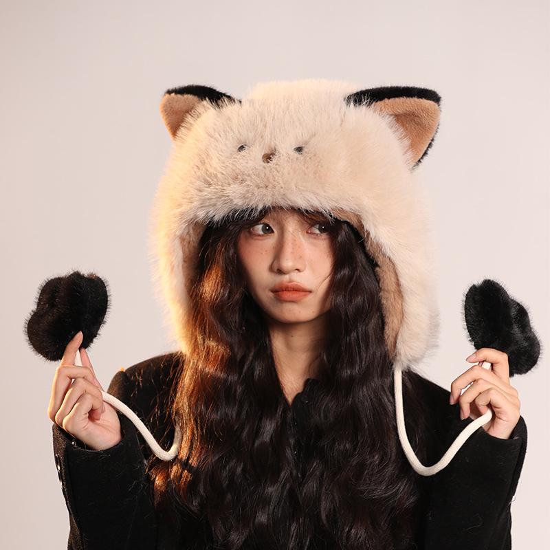 Plush Fluffy Cute Fox Ear Hats for Women Autumn Winter Warm Plush Beanies Hat Riding Ear Protection Lamb Bomber Caps