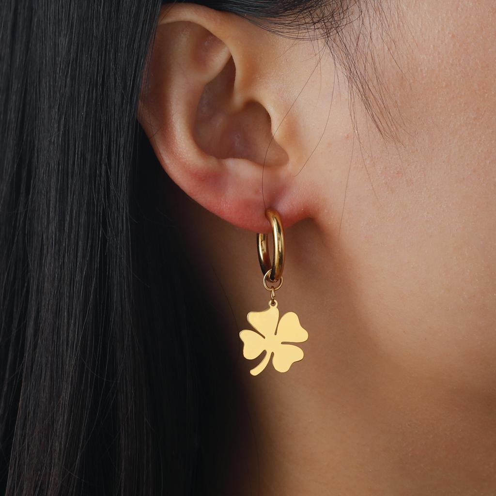 Women Lucky Four-leaf Clover Pendant Drop Earrings Stainless Steel Gold Hoop Earrings Kpop Wedding Jewelry Gift