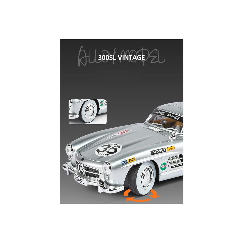 1/18 Benz 300SL Vintage Alloy Luxy Sports Car Model Diecast Metal Classic Retro Vehicles Car Model Sound and Light Childrens Toy Gift