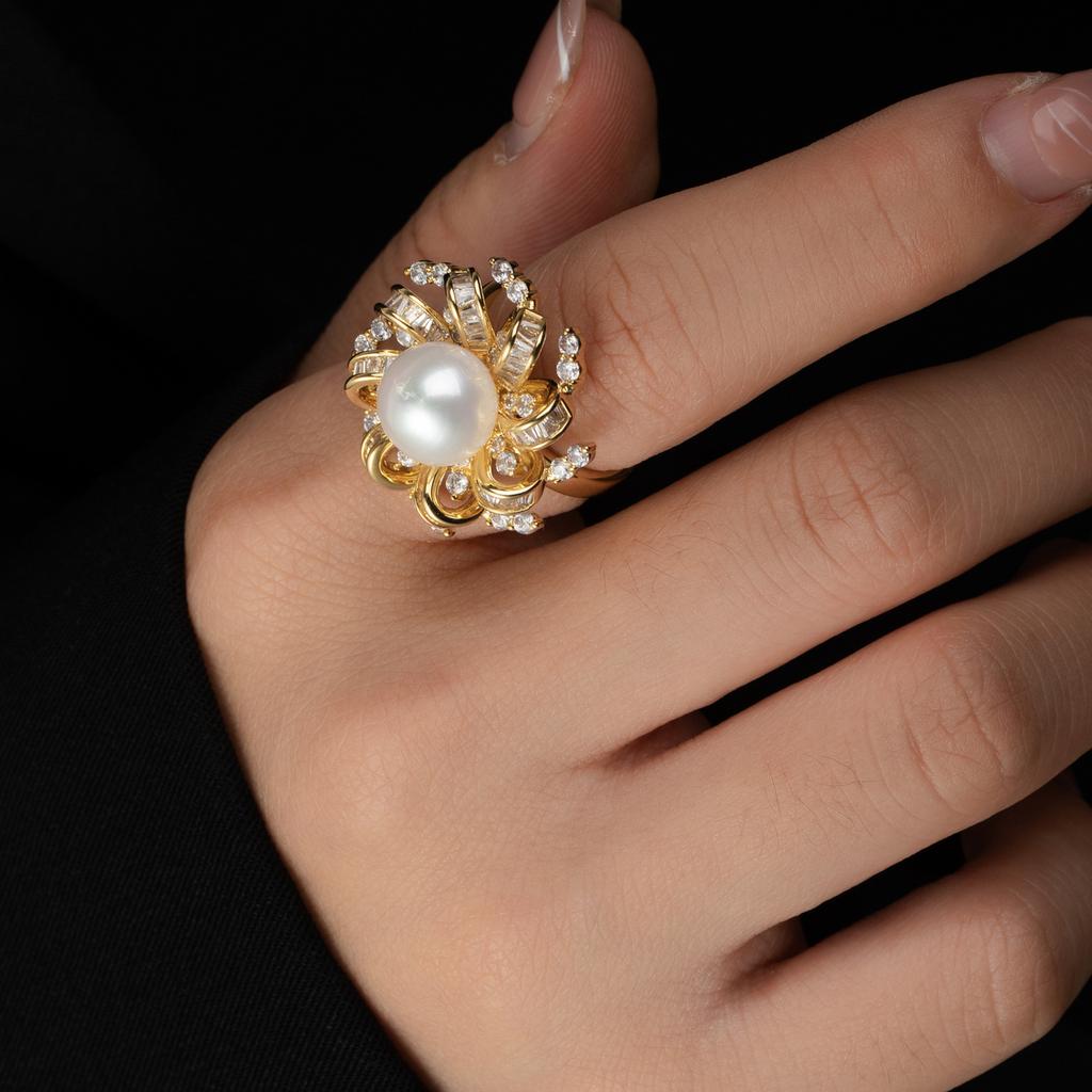 Douyin Same Incense Grandma Baroque Ring Women's Natural Pearl Copper Micro-inlaid Zircon Ring Decoration High Sense