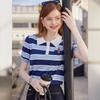 Bailuyu Retro Striped Embroidered Short Sleeve Lapel Knit Top