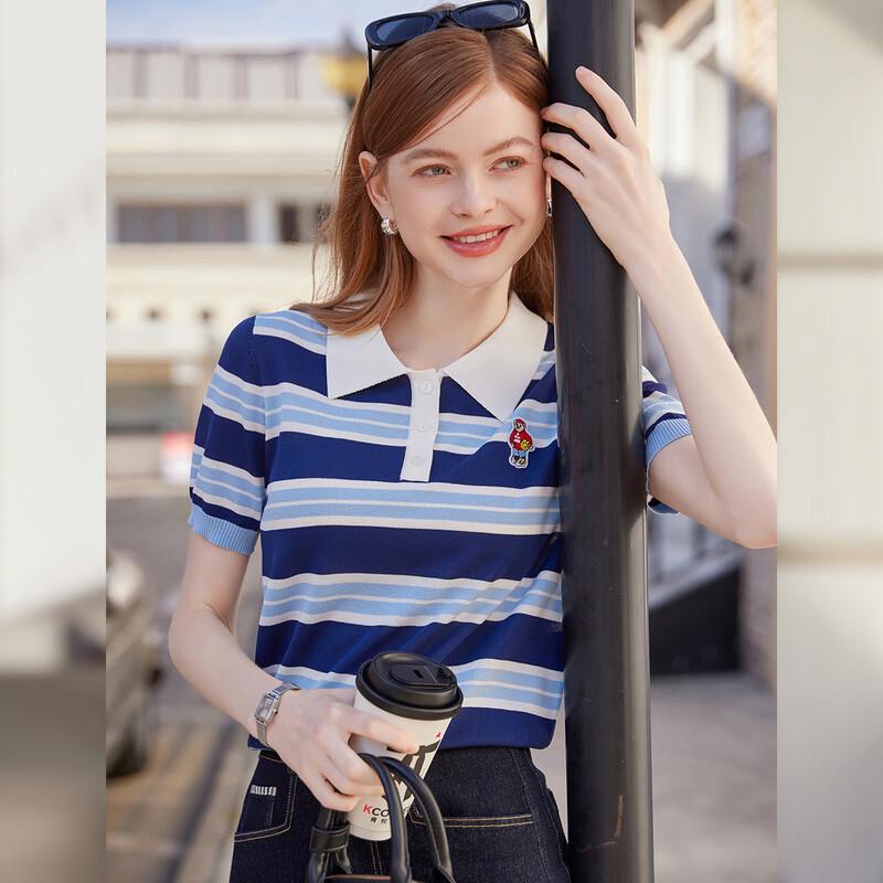 Bailuyu Retro Striped Embroidered Short Sleeve Lapel Knit Top