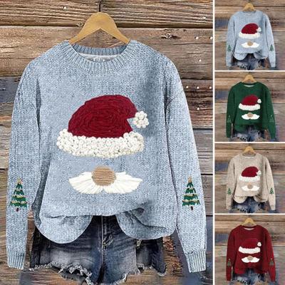 Women Sweatshirt 3D Santa Hat Printing Round Neck Loose Thick Pulliver Knitted New Year Winter Top Keep Warm Outdoor School Work Sweatshirt
