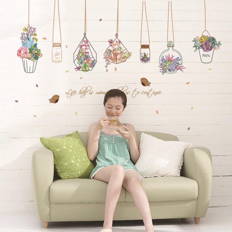 Removable Hanging Basket Plant Wall Sticker PVC Vinyl Art Romantic Creative Home Decor for Bedroom Living Room Wall Decal