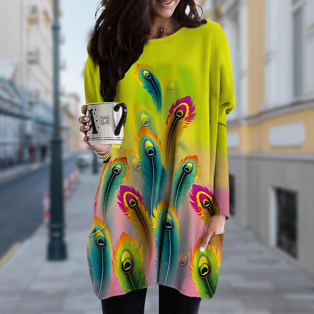 Kvinners påfuglfjær Print Crew Neck Dress Spring Fall Plus Size Dress Pocket Dresse