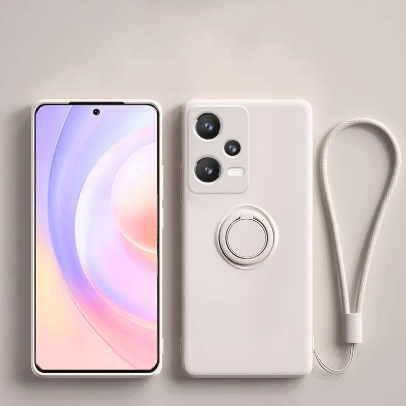 Liquid Silicone Phone Case For Xiaomi Redmi Note 15 14 Pro Plus + 13 Pro 12  5G 4G Metal Ring Holder Cover With Strap Etui Coque