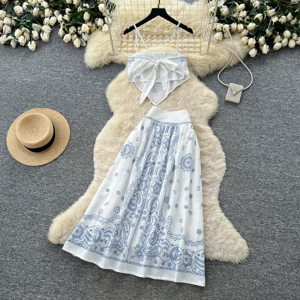 Boho Chic Paisley Print Two Piece Set Women Summer Sleeveless Spaghetti Strap Crop Top + High Waist Midi Skirt Sets Beach Vacation Skirt Suits