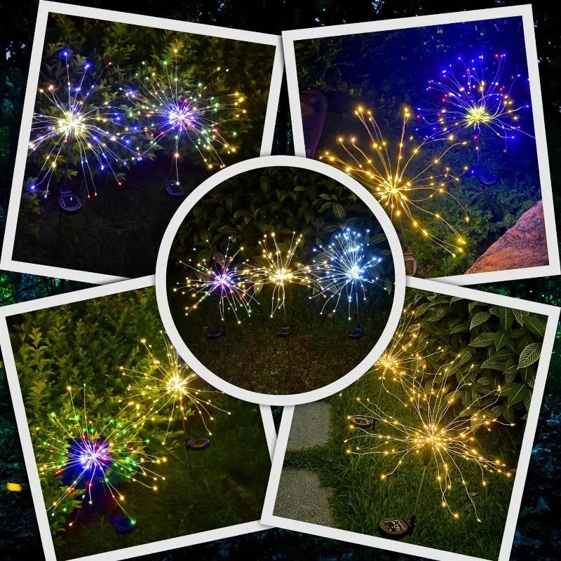 1PC Solar Fireworks Lamp Outdoor Grass Globe Dandelion Flash String Fairy lights 90/120/150/200LED For Garden Lawn Holiday Light