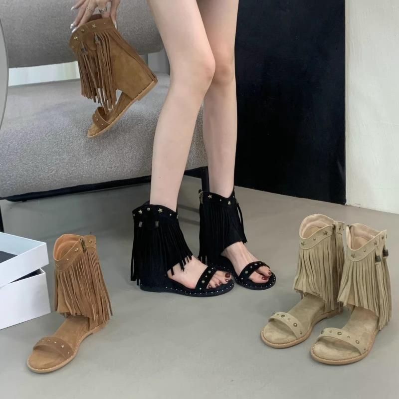 Fashion Sandals for Women's Design Tassel Rivet Roman Sandals Women's Summer High-top Fashion Wedge Heel Cool Boots Sandalias De Tacón