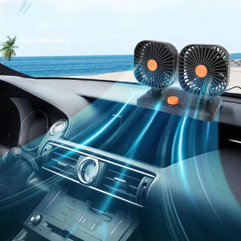 Car Fan Dual Head USB Fan Quiet 12V 24V Portable Auto Cooling Fan for Vehicles Home Bedroom Use