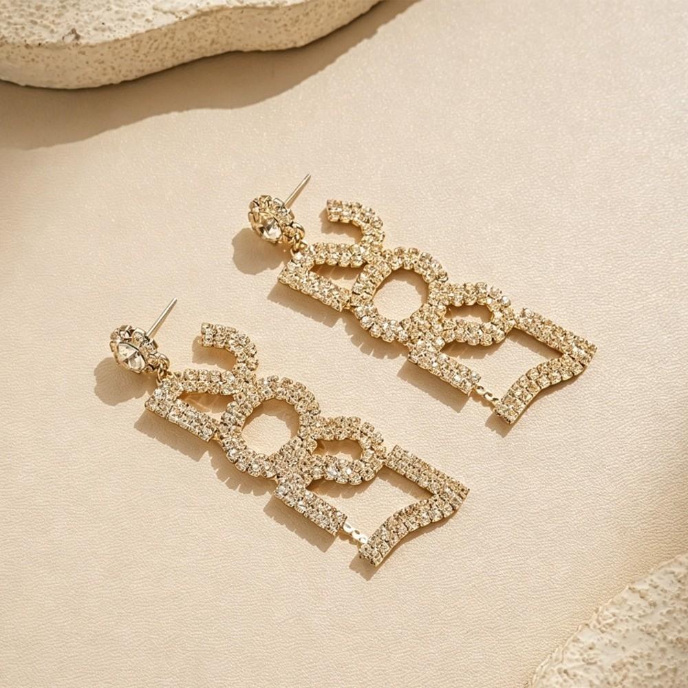 Fashion Happy New Year Earrings Rhinestone Stud Earrings Trendy 2027 Digital Earrings New Year