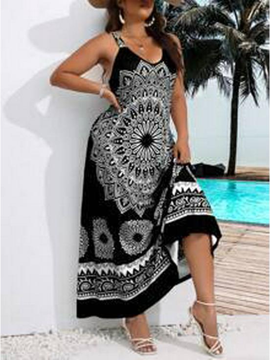 Bohemian Plus Size Floral Spaghetti Strap Beach Dress for Women