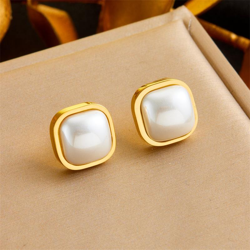 Gold Tone Square White Shell Stud Earrings