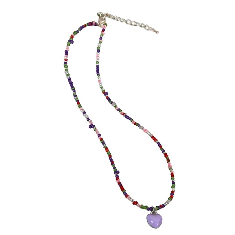 Colored Bead Short Love- Heart Necklace Summer Rice Bead Necklace Jewelry