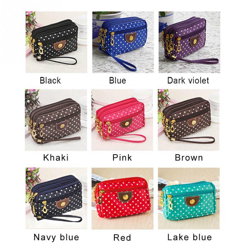 Women Polka Dots Canvas Wallet Three-layer Zipper Coin Purse Waterproof Cell Phone Bag