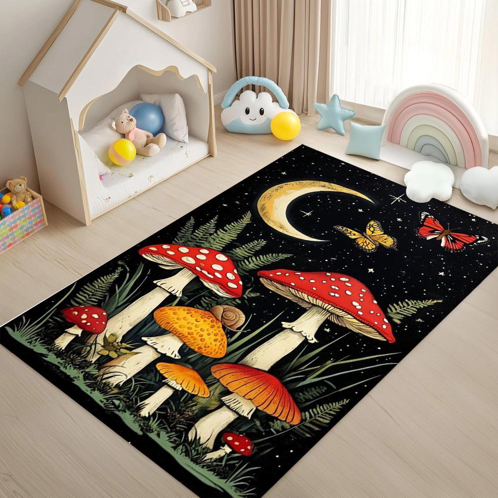 Mushroom Cluster Carpet Rug Black Background Mat Home Decoration Playful Kids Room Soft Floor Mat Children Bedroom Living Room
