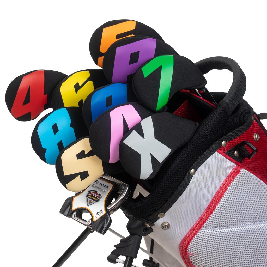 Golf Iron Cover Club Head Cover Set of 10 (4-9,P,A,S,X) Made of Neoprene Stretchy Large Numbers Black Base & Colorful Numbers