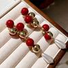 French Gold and Red Pearl Inlaid Ear Studs - Elegant Long Earrings for Women