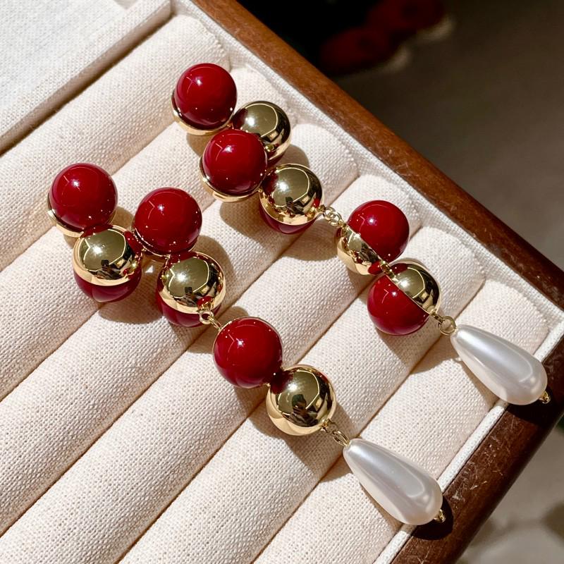 French Gold and Red Pearl Inlaid Ear Studs - Elegant Long Earrings for Women