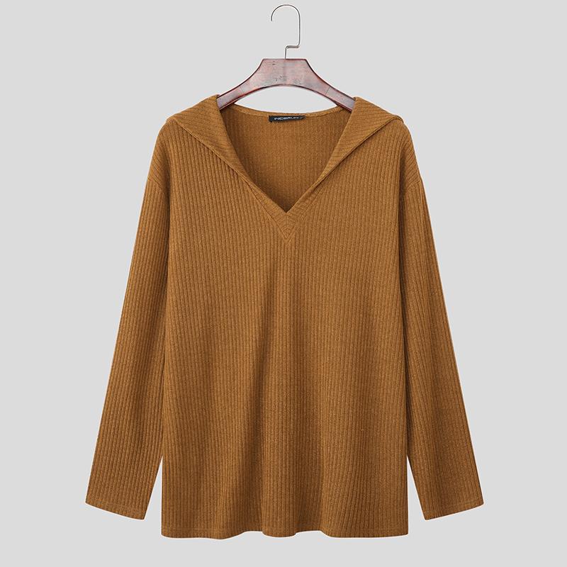 INCERUN Autumn Men Lapel V Neck Long Sleeve Texture Ribbed Knitted Casual Pullover Tops