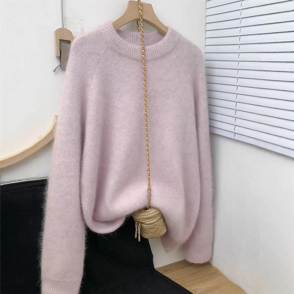 2025 Winter European Women's Pink Cashmere Blend Raglan Sleeve Loose Sweater