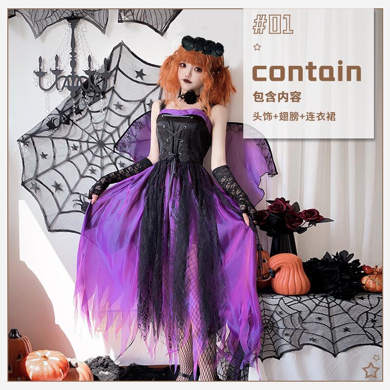 Halloween Adult Costume Wings Dark Angel Ghost Bride Vampire Queen Dress Purple Witch Dress