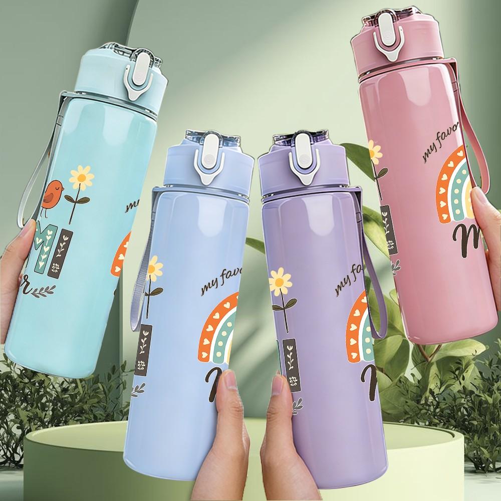 1PC Mimi Rainbow Boho Lettering Print 750ml Color Plastic Sports Water Bottle Leakproof Flip Straw Lid Suitable for Sports Office Home Use