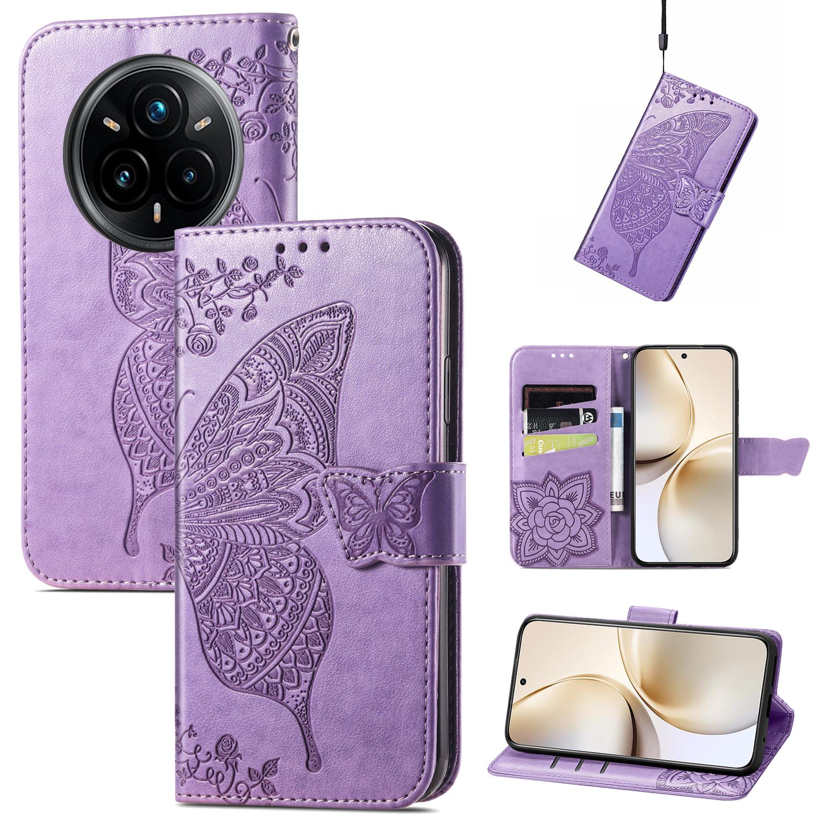 

For Realme 14 Pro 5G Case with Strap Butterfly Pattern PU Leather Wallet Phone Cover Light Purple