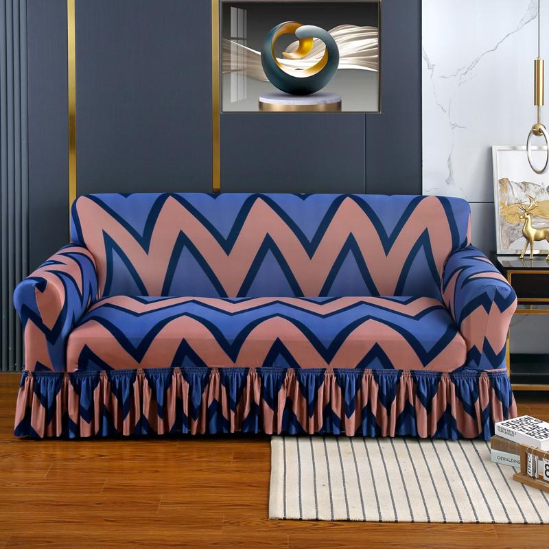 Elastic Stretchable Sofa Cover with Skirt Washable Furniture Protector Printed Slipcovers with Elastic Bottom for Living Room