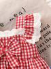 Summer Baby Girl Checkered Lace Trimmed Short Sleeve Two Piece Set with Bow and Mushroom Embroidery