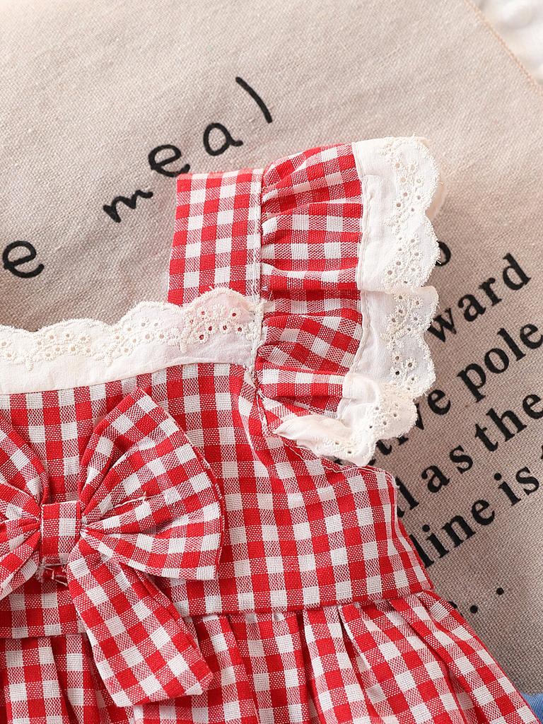 Summer Baby Girl Checkered Lace Trimmed Short Sleeve Two Piece Set with Bow and Mushroom Embroidery