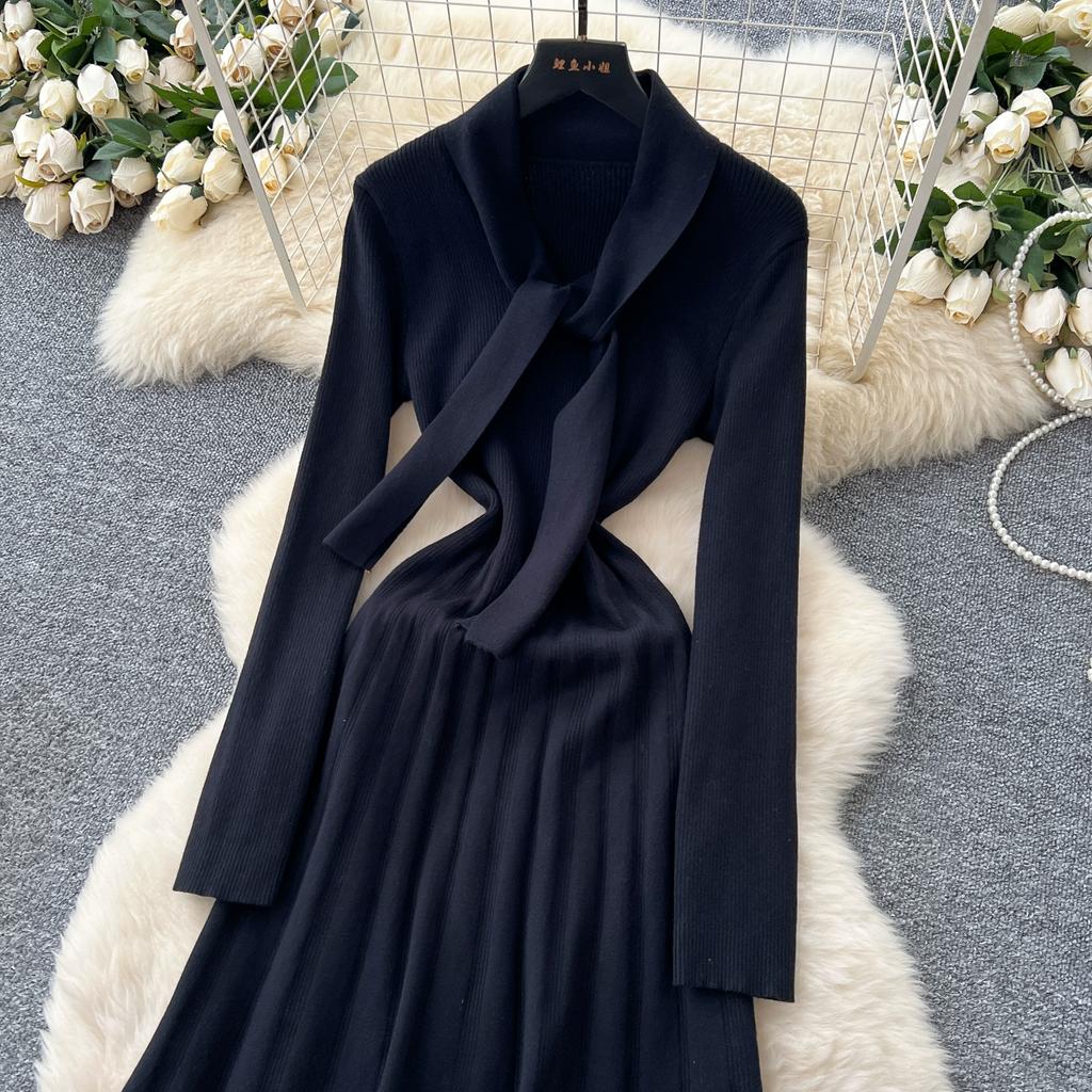 Autumn Winter Women Elegant Bowtie Collar Knitted Office Work Midi Sweater Dress