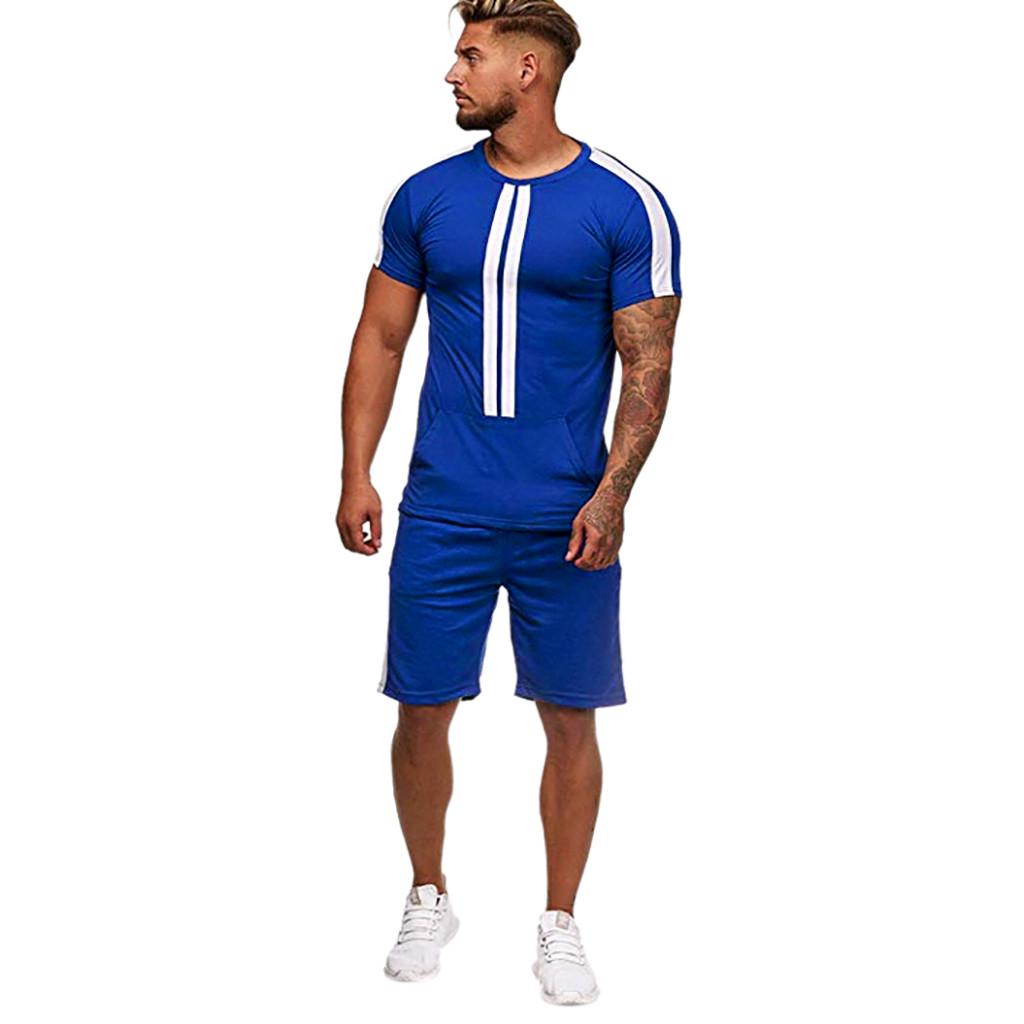 Mens Summer Leisure Stripe Color Collision Short Sleeve Shorts Sports Thin Sets