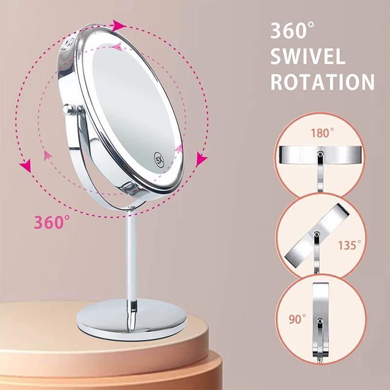 8inch 10x Magnifying Led Makeup Mirror With 3 Color Light Touch Switch Double Side Usb Charging Desktop Vanity Cosmetic Mirror