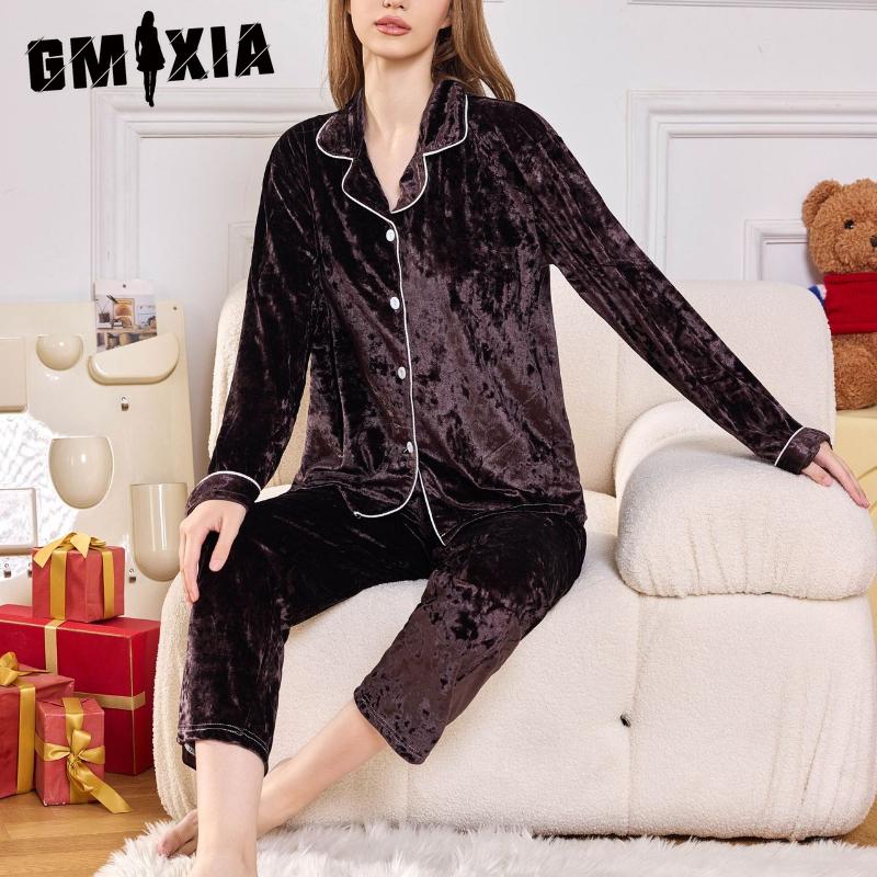 GMXIA Autumn and Winter Women's Gold Diamond Velvet Pyjamas Long-sleeved Trousers Two-piece Warm Thickened Velvet Homewear Set
