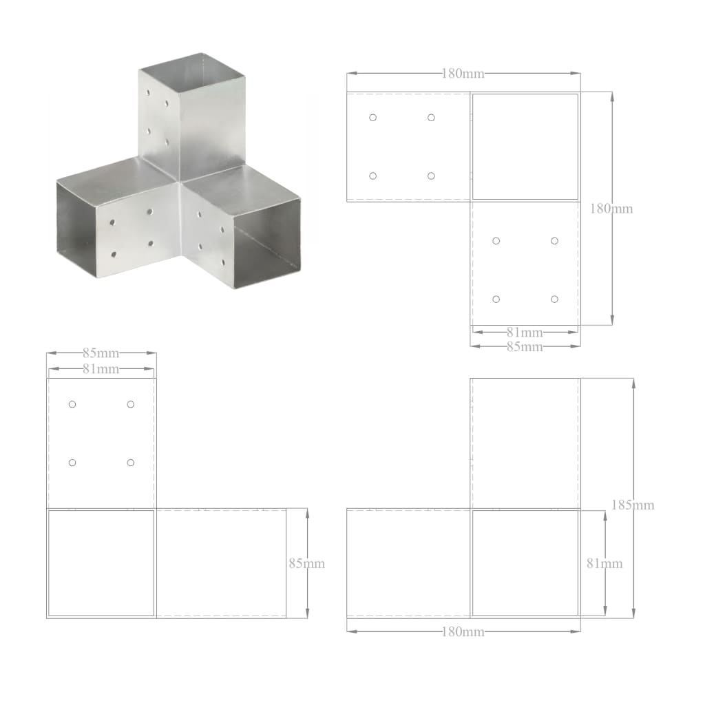 Vidaxl Y-Shaped Post Connector, Galvanized Metal, 81X81 Mm