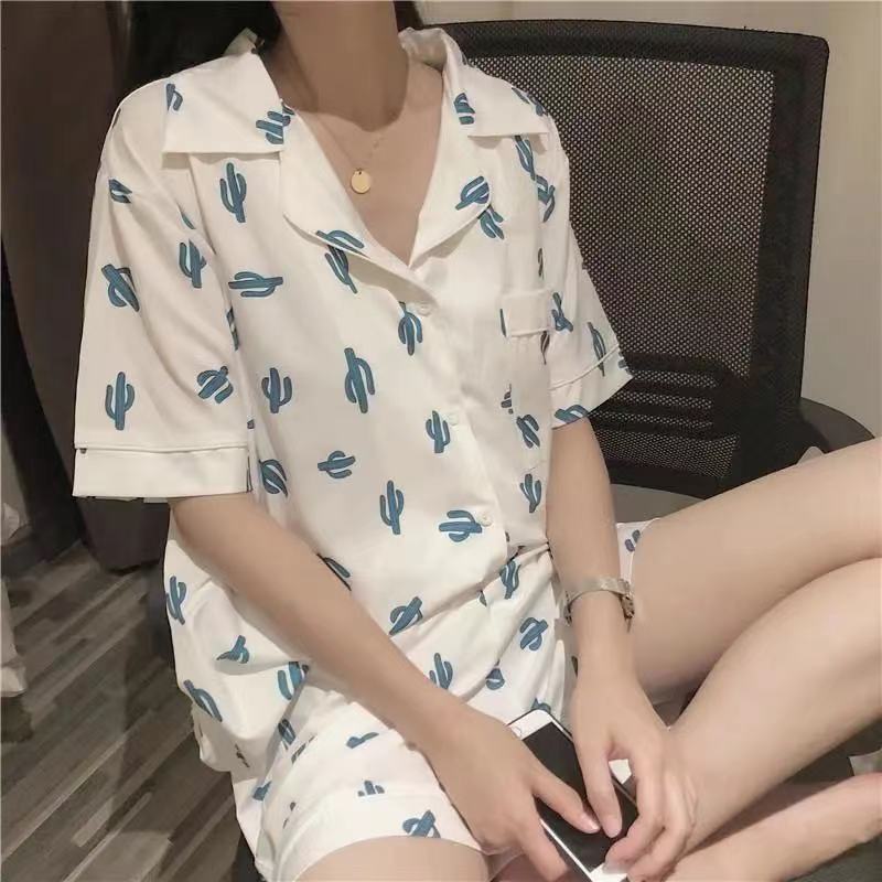 Pajamas Women Summer Cartoon Cute Bear Short Sleeve Nightwear Loungewear Set Ladies Cardigan Striped Plaid Short Sleepwear