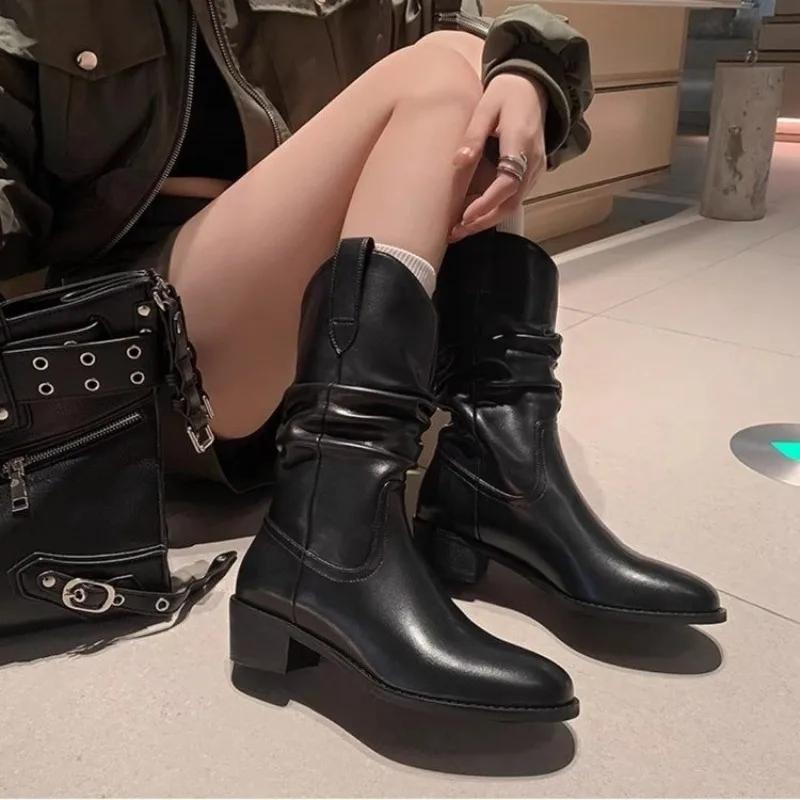 

Мода 2024 года, горячая распродажа женской обуви, женские сапоги без застежек, модные плиссированные современные сапоги, женские сексуальные сапоги с острым носком до середины голени, zapatos mujer 40 чёрный