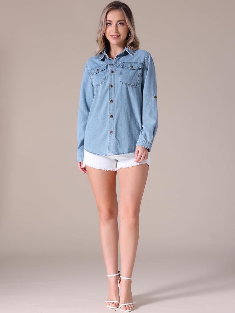 Allegra K CIMUK Women's Denim Jacket, Long Sleeve Button-Down with Pockets, Light Blue, Size M