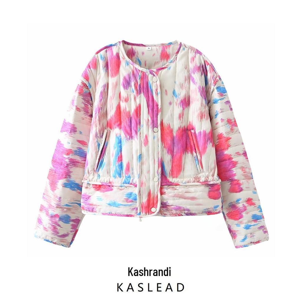 Geacă de iarnă pentru femei 2024, matlasată cu bumbac, cu imprimeu tie-dye - Palton casual la modă în stil european și american