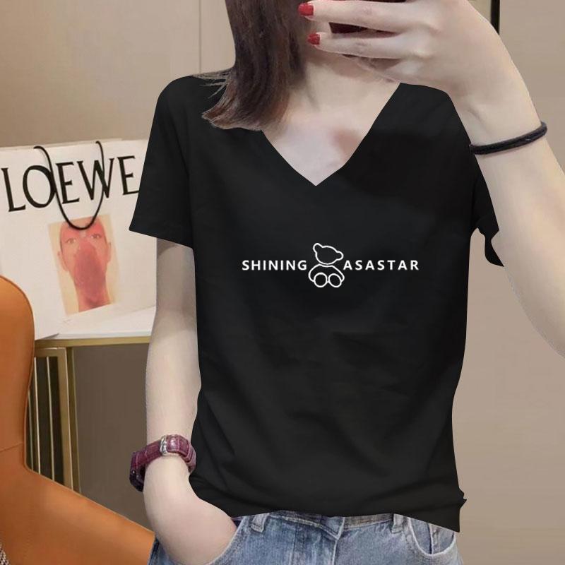 

Black short-sleeved T-shirt women s 2025 summer new foreign style casual loose printing pure cotton V-neck slim t-shirt top XXXL