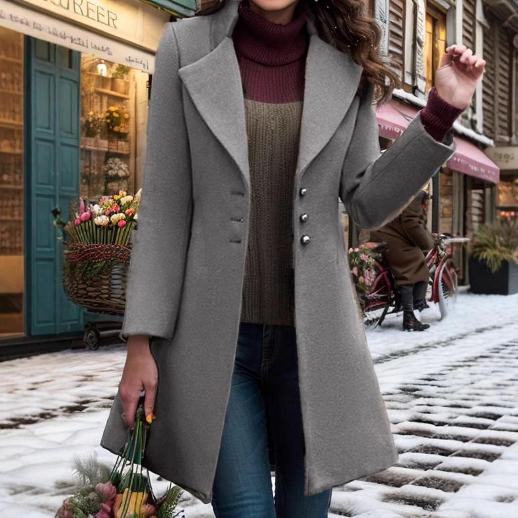 Women's Mid-Length Wool Coat with Turn-Down Collar - Slim-Fit, Solid Color, Casual Autumn/Winter Outerwear.