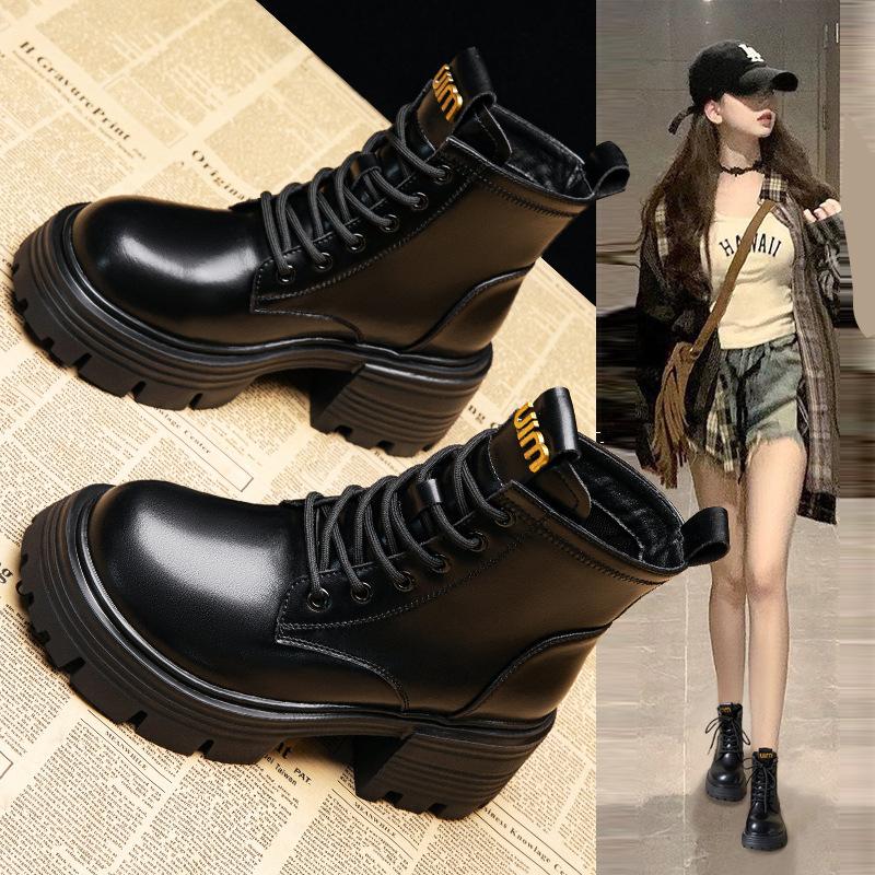 New Cowhide Martin Boots Women's High-heeled Thick-soled Velvet Short Boots British Style Single Boots Small Height-increasing Women's Boots