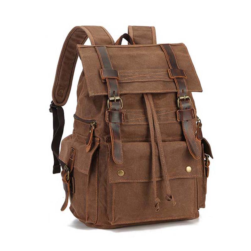 Vintage Distressed Leather Waxed Canvas Backpack Large Capacity Multiple -pockets New Waterproof Drawstring Outdoor Travel Double-Shoulder Bag