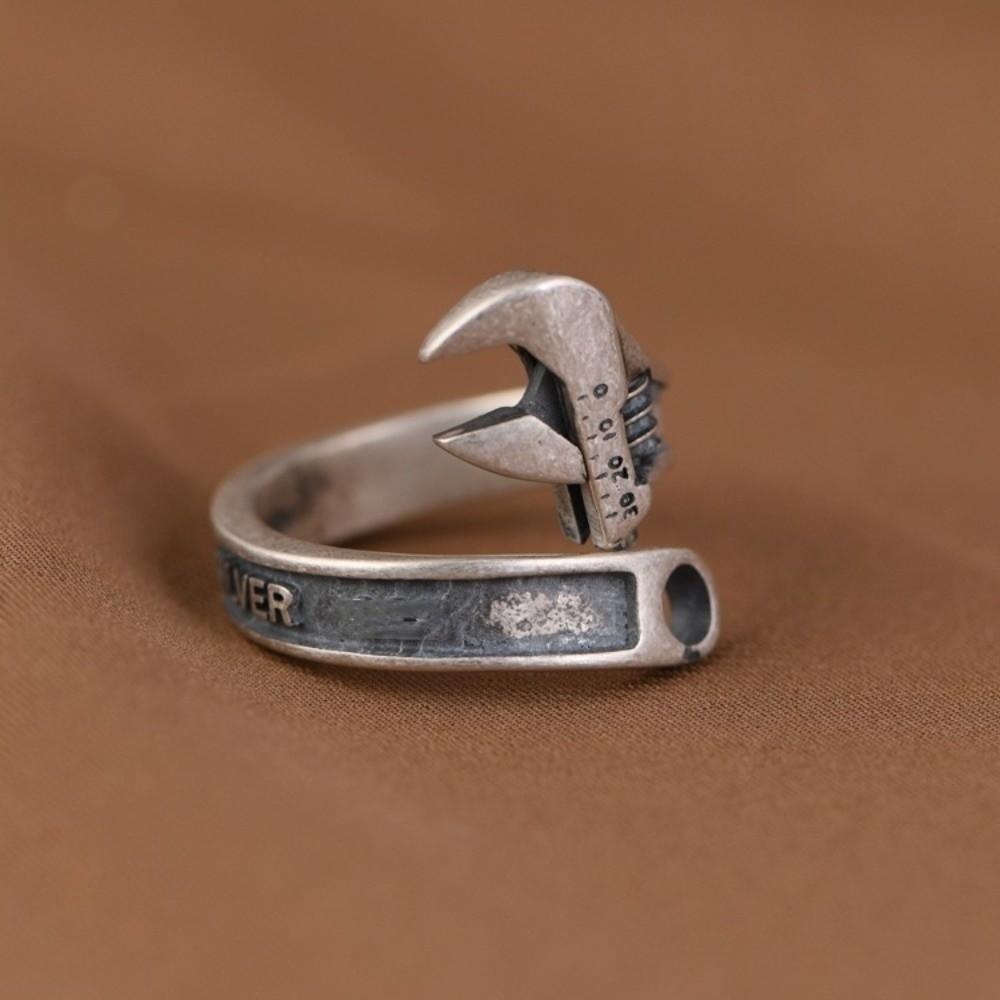 Adjustable Wrench-Shaped Open Ring Silver Plated Biker Jewelry Spanner Finger Ring Boys Girls