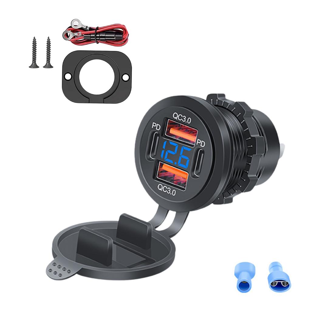 96W PD3.0 + QC3.0 4-Port Fast Car Charger with LED Display - iPhone Samsung Huawei Compatible Waterproof