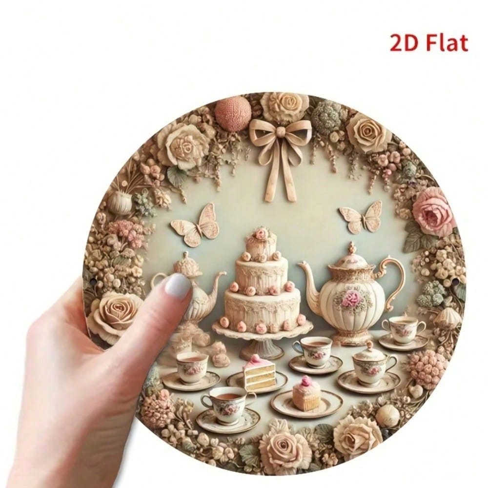 

Vintage Tea Party Metal Sign Butterfly Floral Wall Art Cake Decor for Kitchen Cafe Garden 20x20 разноцветный